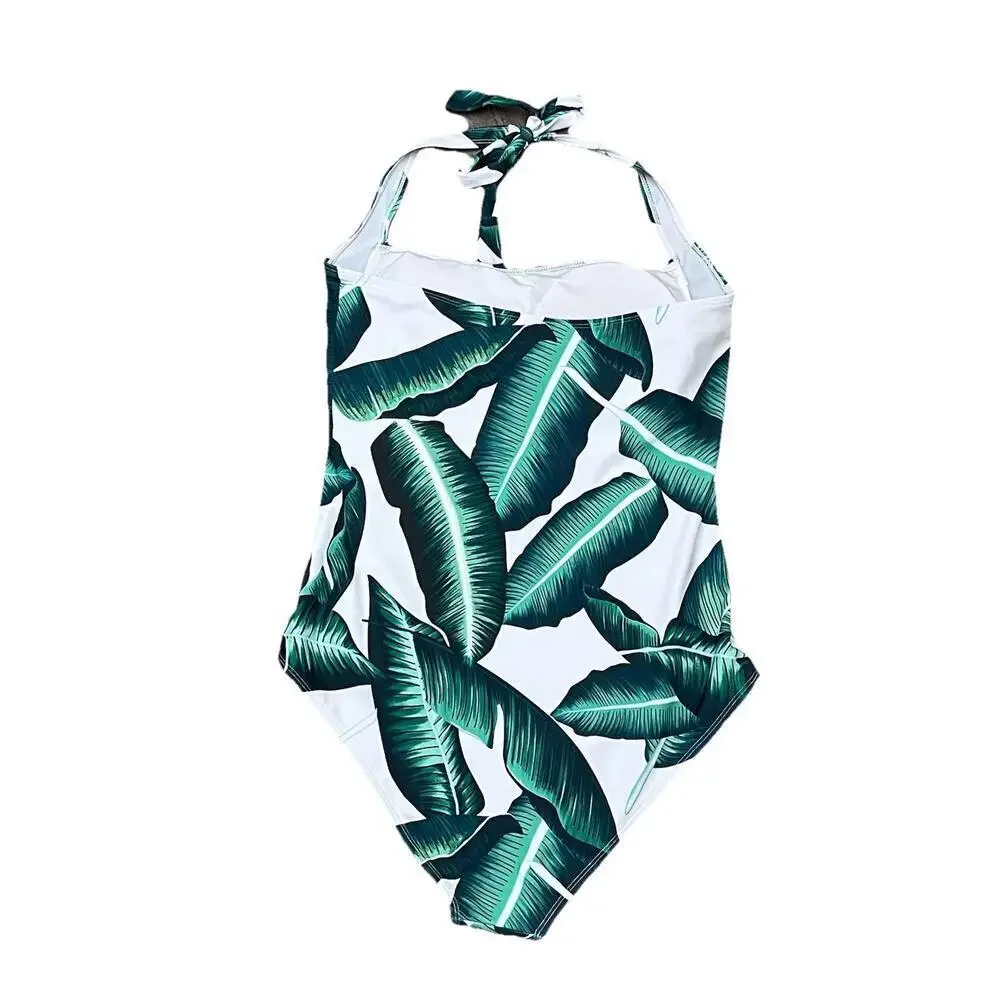 Tropical Palm Leaf One Piece Swimsuit XL Green White Halter Ruched Tummy Control